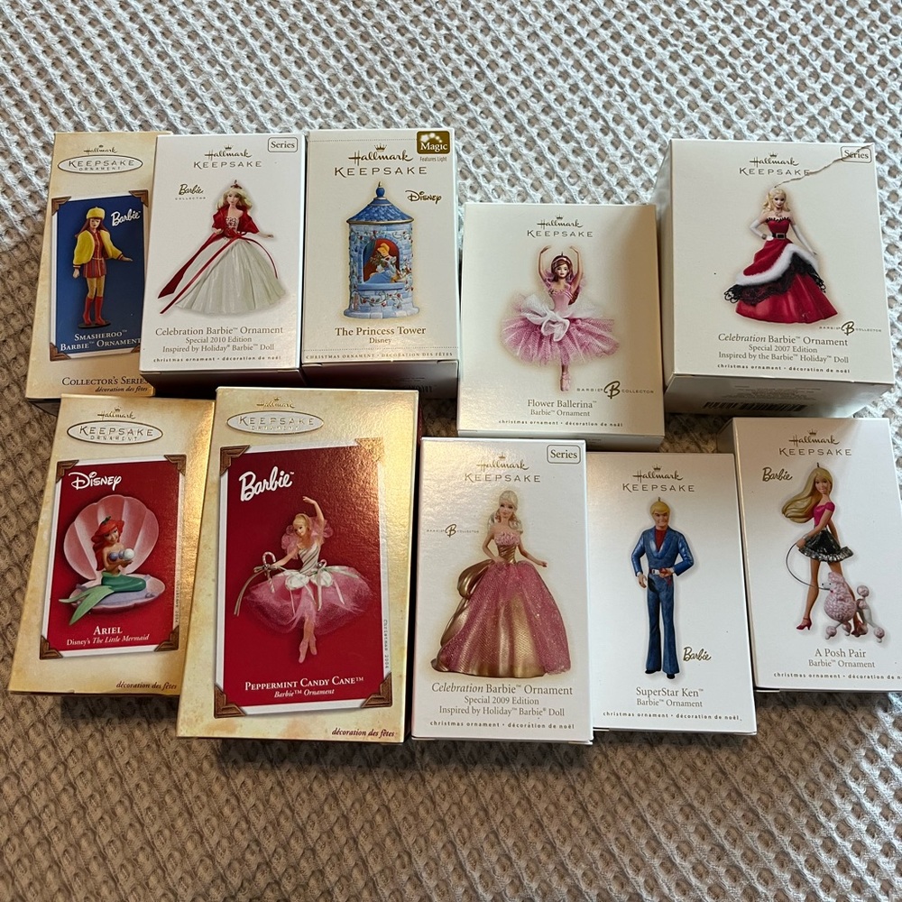 Hallmark Barbie and Disney ornaments